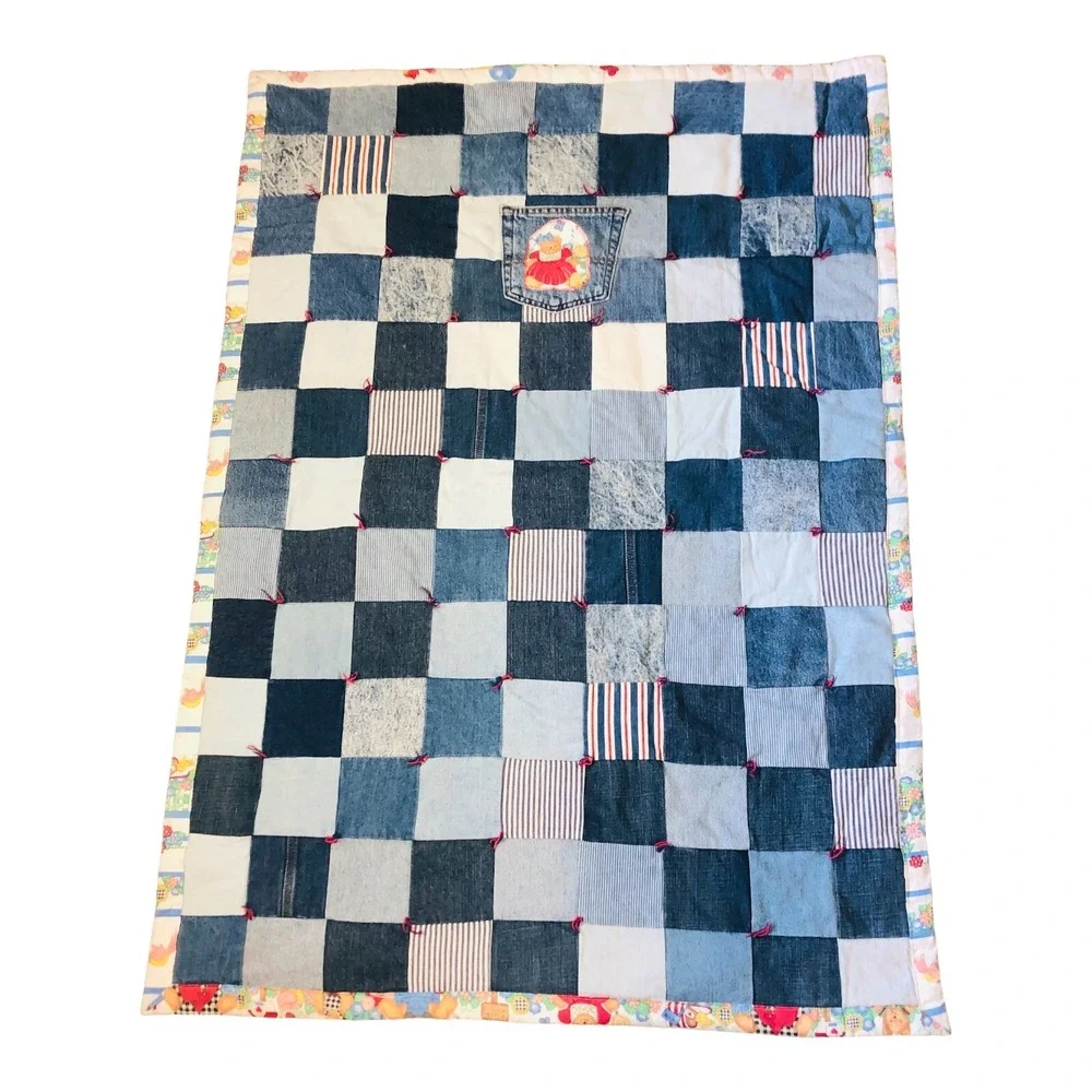 VTG Rag Denim Jean Baby Quilt Blanket 2 Sided Bears Flower Upcycled Handmade